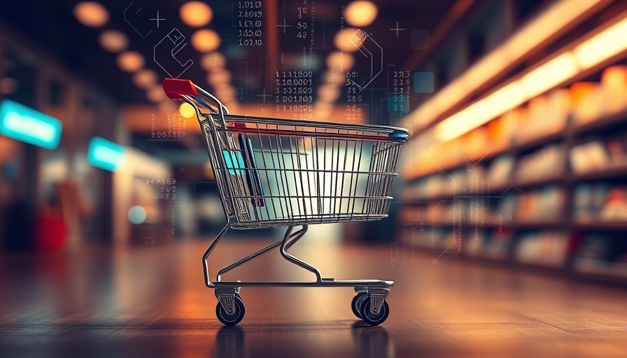 Abstract shopping cart with digital binary design for trust and transparency in retail.