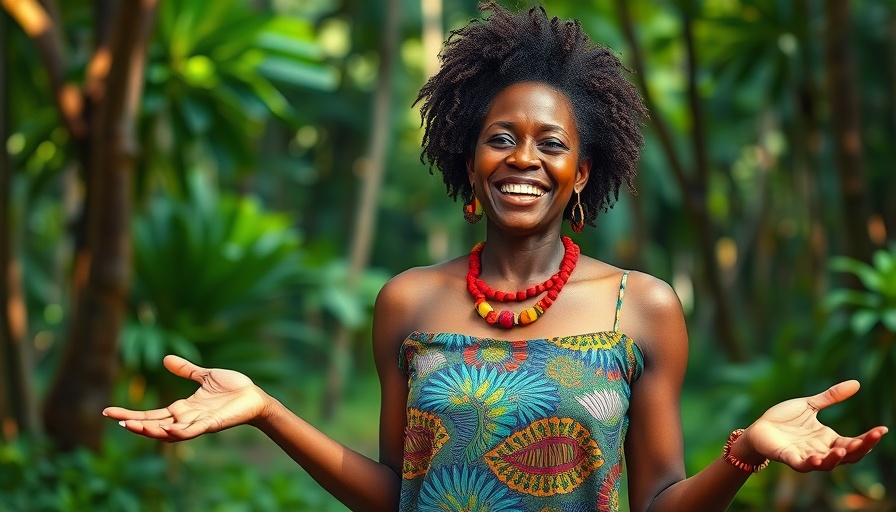 African woman of faith expressing joy on a wooden deck.