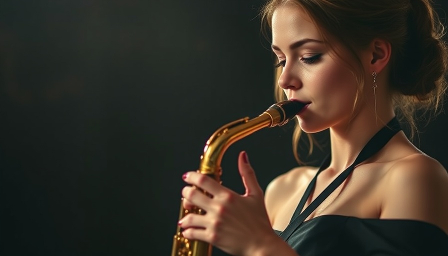 Smooth Jazz for Study, elegant woman playing saxophone, serene expression.