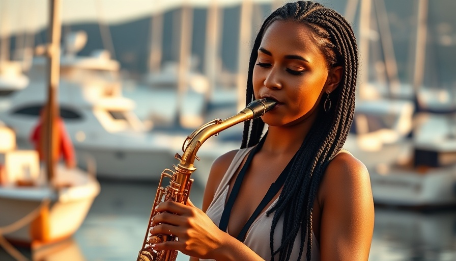 Woman playing saxophone at marina, embodying smooth jazz for study.