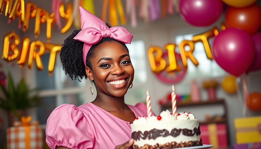 African woman of faith celebrating birthday with cake and balloons indoors.