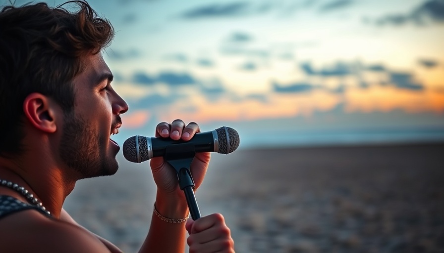 Young man singing into microphone at beach during dusk.