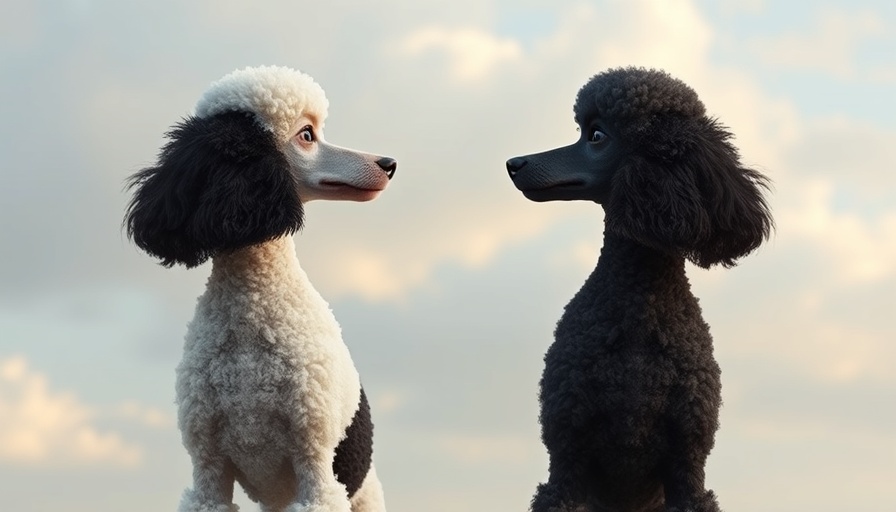 Two poodles facing opposite directions under a cloudy sky.