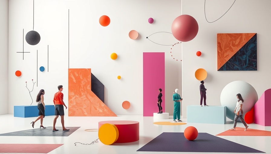 Abstract art representing idea marketplace with vibrant shapes and figures.