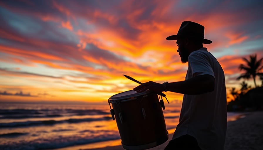 Sunset conga drums scene for Smooth Saxophone Music for Well-Being.