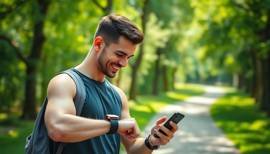 Athletic man using smartwatch, setting up effective training program outdoors
