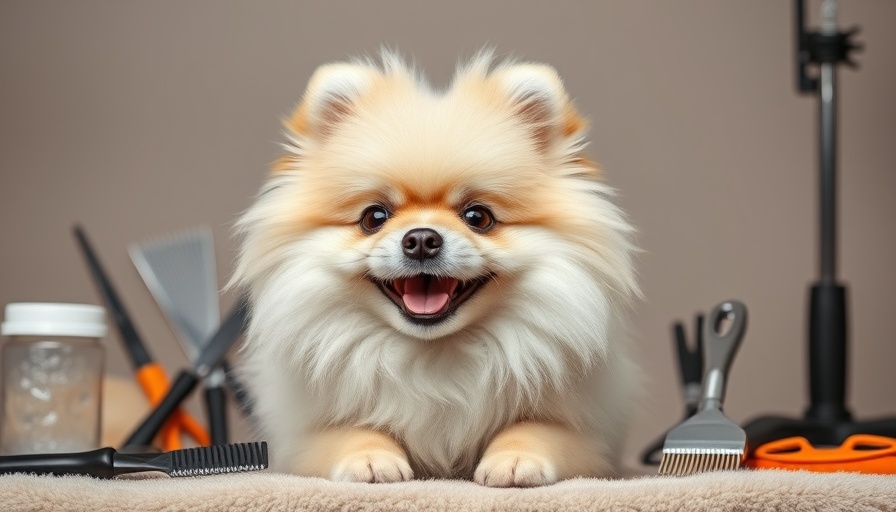 Fluffy Pomeranian being groomed with tools, cheerful expression.