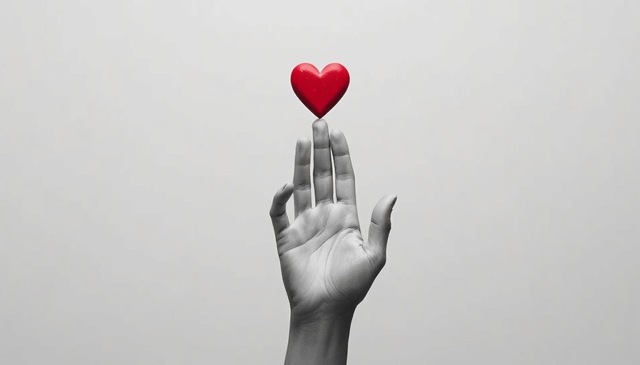 Minimalistic image of a red heart above a grayscale hand representing shareable joy.