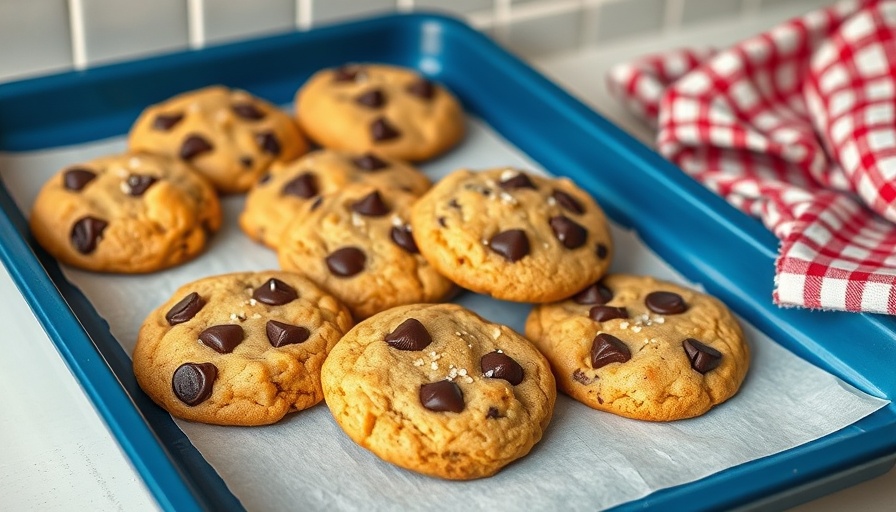 Freshly baked chocolate chip cookies with olive oil on a blue baking sheet.