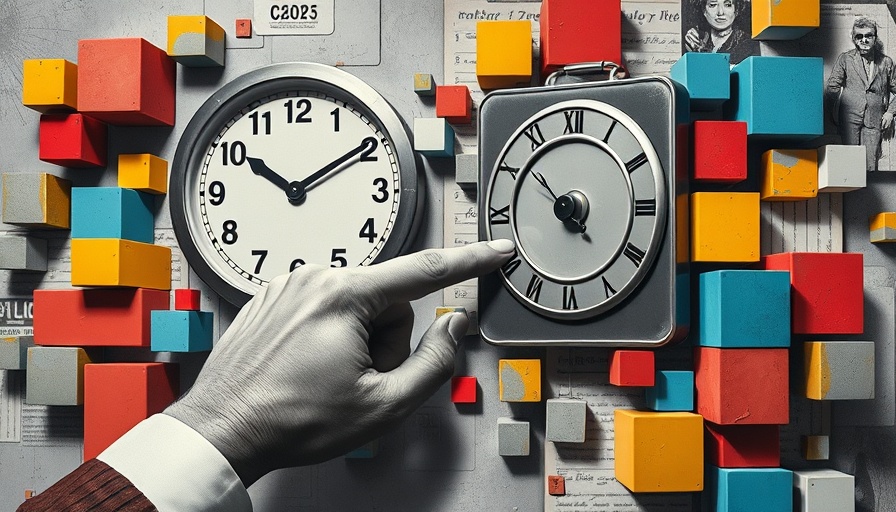 Retro timecard clock with colorful geometric accents illustrating AI in consulting recruitment.