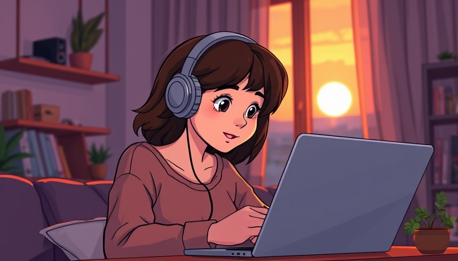 Cartoon young woman listening to Lofi R&B beats, working at sunset.