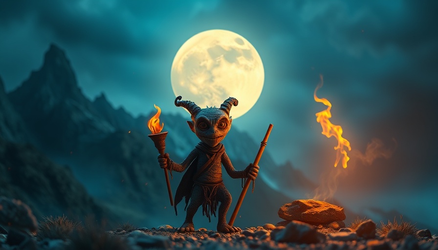 Mysterious clay creature explores surreal landscape in game development.