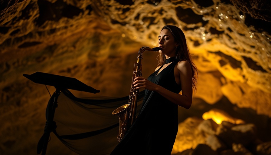 Amapiano Jazz musician in a cave setting playing saxophone.