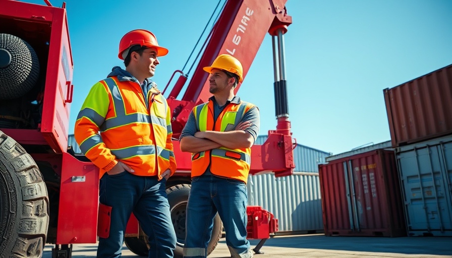 Construction workers discussing onboarding new employees in an industrial setting.
