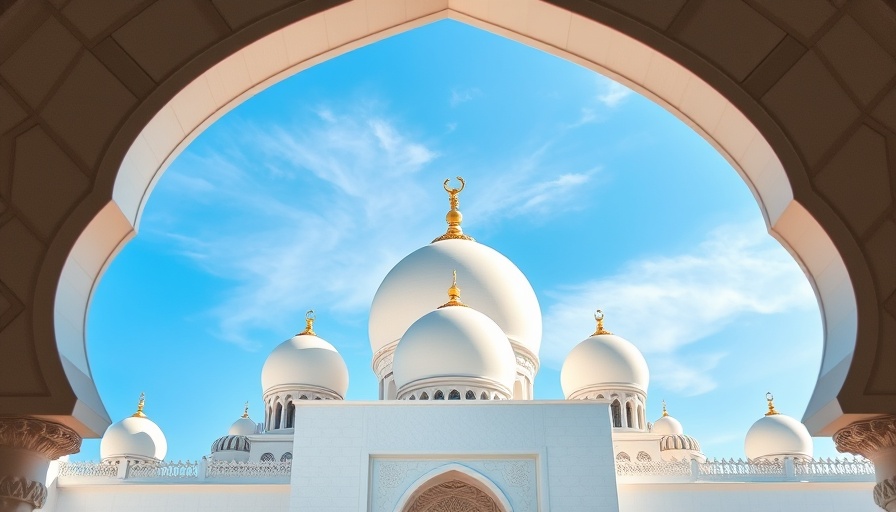 White domes of a mosque in Abu Dhabi cultural destinations, framed by architecture.