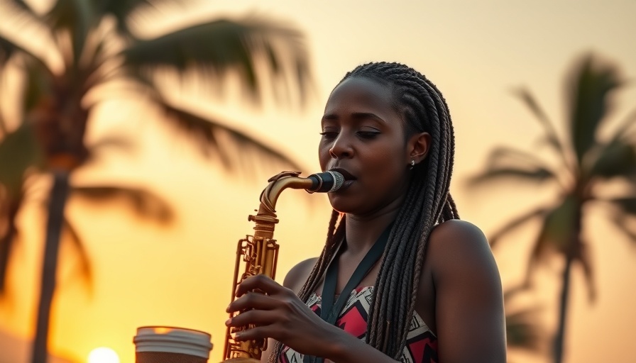 Amapiano Jazz musician playing saxophone under palm trees at sunset.