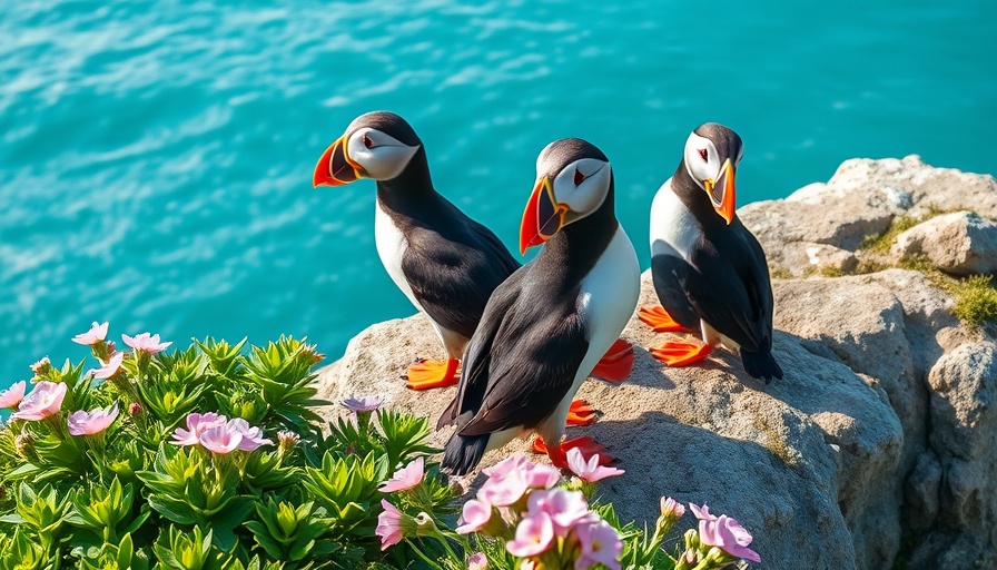 Colorful puffins on coastal cliff during a birdwatching trip.
