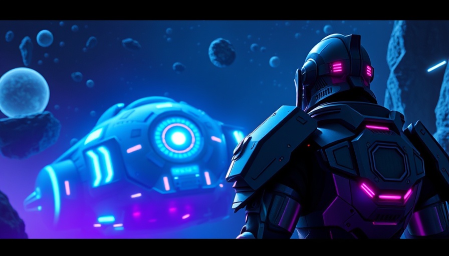 Futuristic figure under neon lights in space, UEFN Impact on Fortnite.
