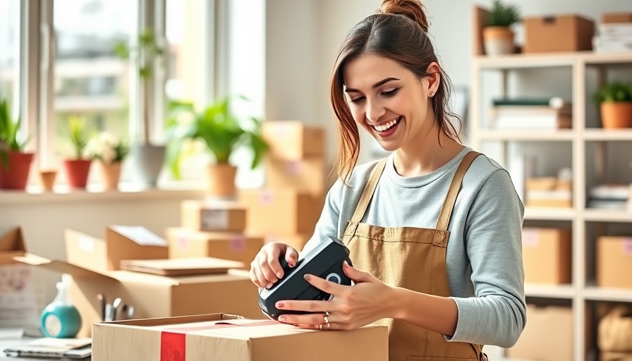 Young woman fulfilling e-commerce order in a bright workspace, smiling.