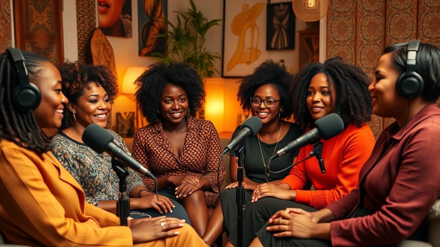 Diverse African women discussing emotional recovery in a cozy podcast studio.