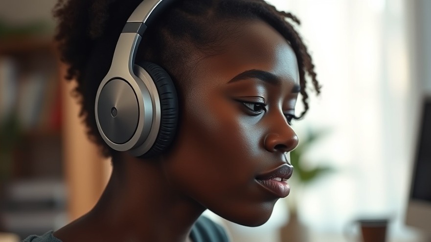 Young African woman in headphones, focused on music for productivity in a calming workspace.