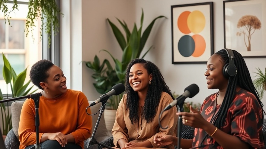 Three African women discussing relationship advice and rekindling love in a vibrant podcast setup.