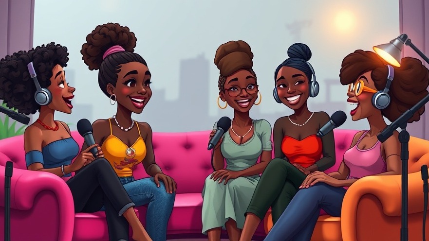 Animated scene of African female friends joyfully discussing platonic friendships in a cozy podcast studio.