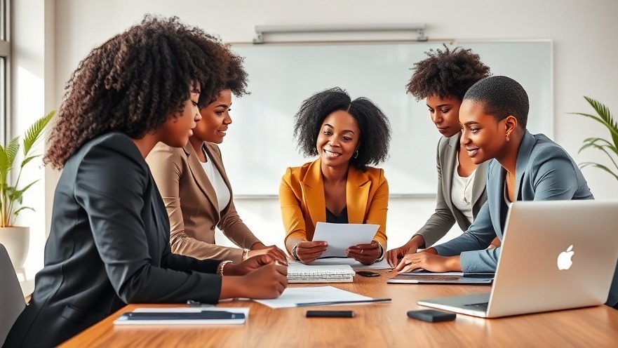 Diverse group of young African women executives collaborating, enhancing employee retention in a modern office.