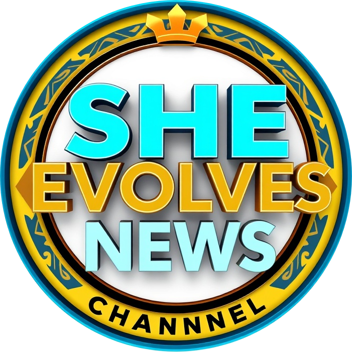 Bold 3D logo for SHE EVOLVES NEWS with a circular design and elegant borders.