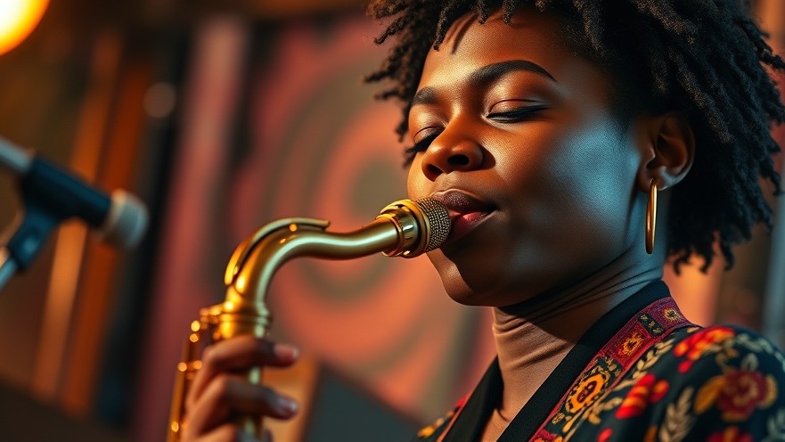 Captivating young African woman playing a smooth saxophone, embodying cultural music and emotional wellness.