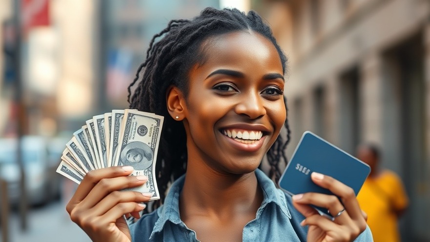 Cheerful young African woman smiling with US dollar bills and a credit card, photorealistic.