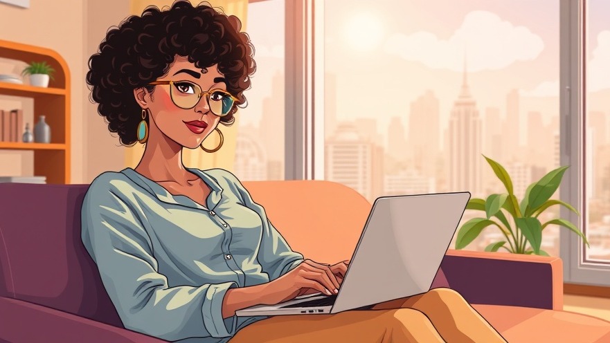 Stylish woman enjoying lofi hip hop on a laptop in a sunny apartment, promoting relaxation.