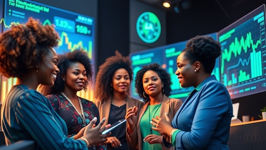 Diverse African women discussing transformative finance with futuristic screens.