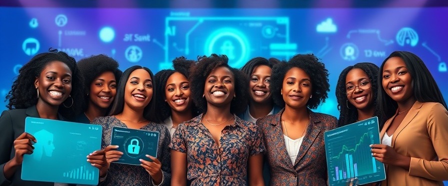 Diverse young African women in fintech celebrating ambition with AI tech screens.
