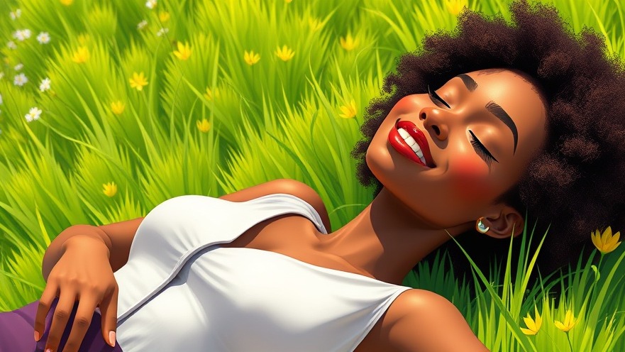 Relaxed African woman enjoying soothing R&B and Neo Soul vibes in a vibrant meadow.