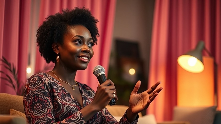 Confident African woman discussing social media beauty trends in a cozy, stylish setting.