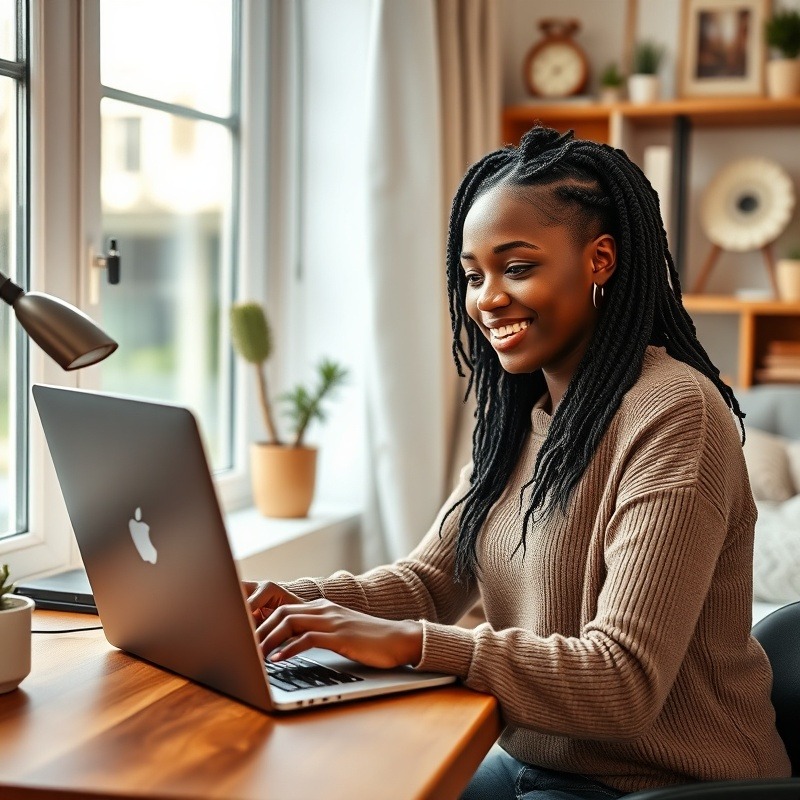 Remote Work Promotion: Woman smiling while working on a laptop from home.