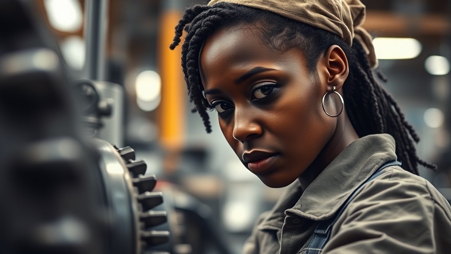 Focused young African woman inspecting machinery in a factory for skill enhancement.
