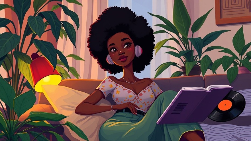Stylish African woman enjoying relaxing music for yoga in a cozy living room.