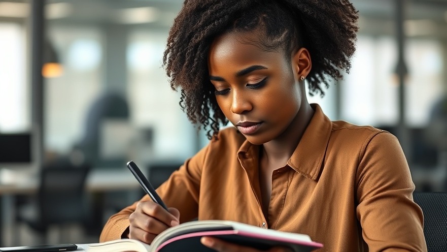 Young African woman writing in a notebook, showcasing flexible work hours and employee productivity.