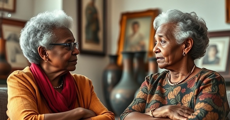 Two elderly African women practicing self-care through kind communication in relationships.