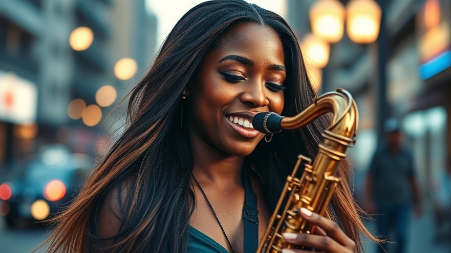 Portrait of an African woman playing a smooth saxophone, exuding neo-soul vibes.