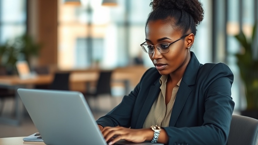 Focused young African woman using BPM software for women entrepreneurs in an open-plan office.