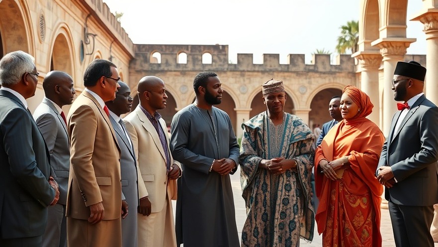 European and African dignitaries discuss Nigeria's security challenges under historic architecture.