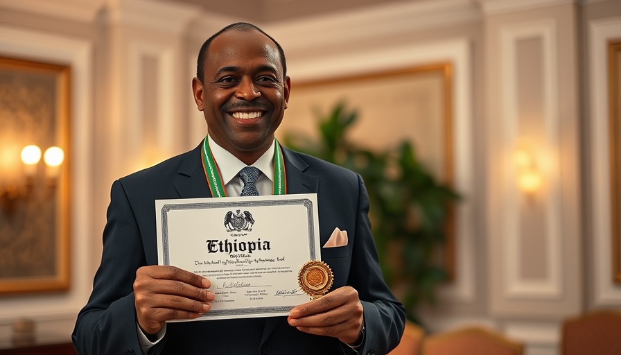 Ethiopian official celebrates award holding certificate and medal.