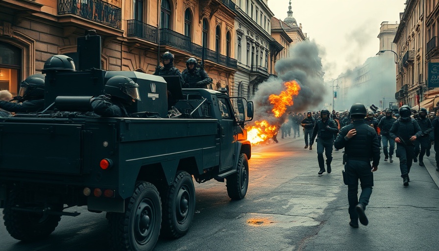 Madagascar crisis power outages: protest scene with armored vehicle.