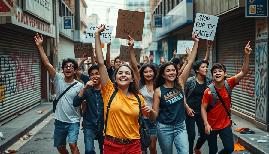 Madagascar youth protests resignation in urban street, cinematic scene.