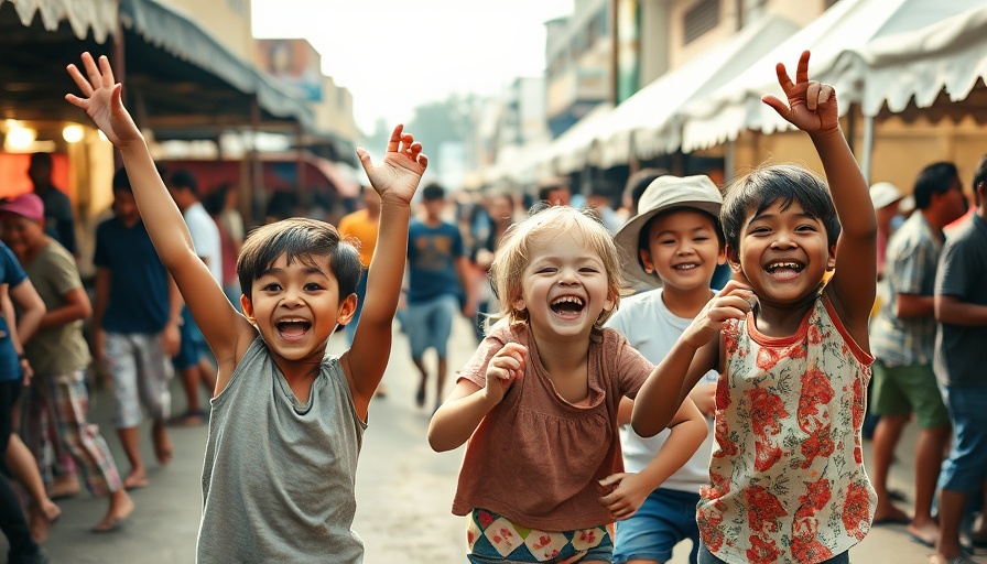 Joyful children in vibrant market celebrating peace.