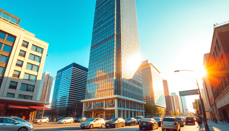 Modern skyscraper in bustling city street under blue sky.
