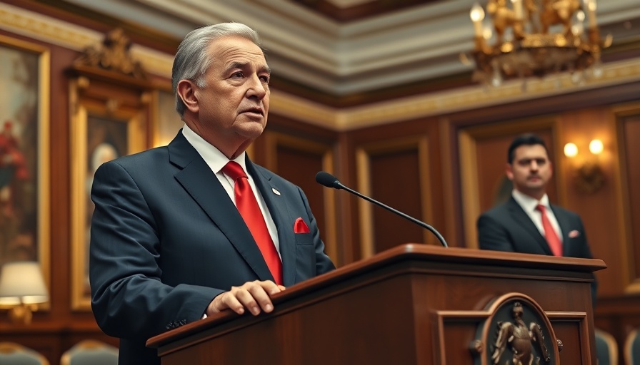 Man in navy suit speaking at formal event; 100% tariff on Chinese imports discussion.